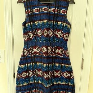 J. Crew Blue and Red Geometric Midi Dress